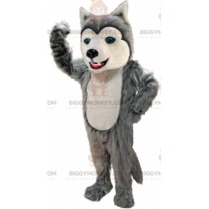 Traje de mascote BIGGYMONKEY™ de husky cinza e branco, fantasia