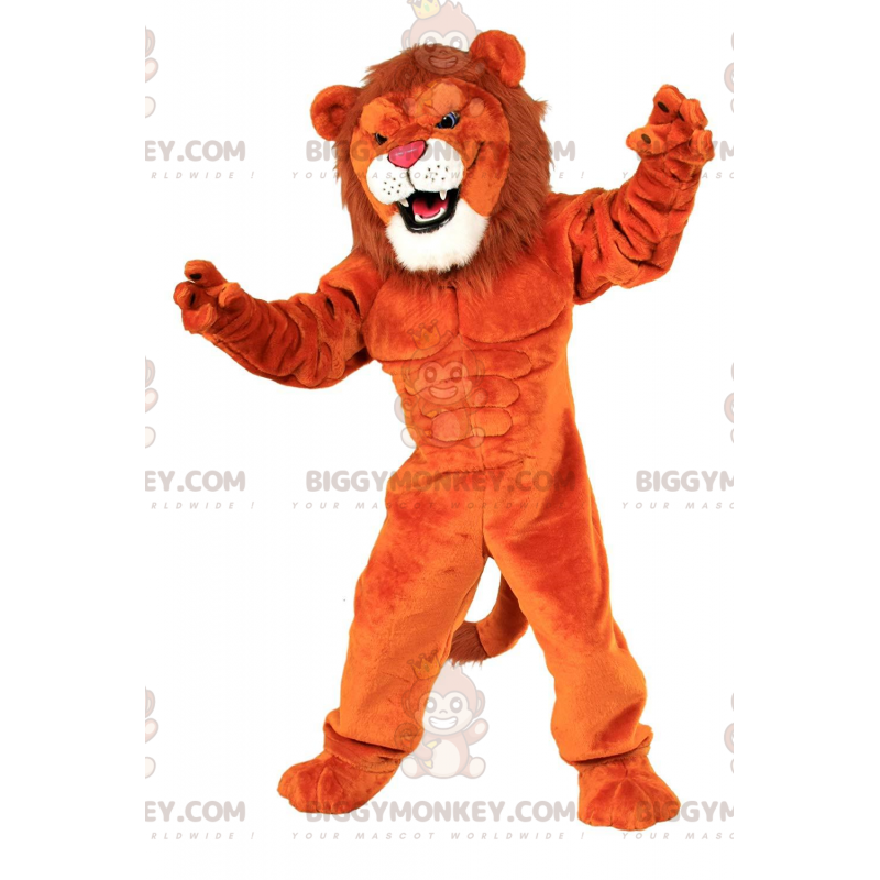 Orange Lion BIGGYMONKEY™ Mascot Costume, Very Muscular, Muscle