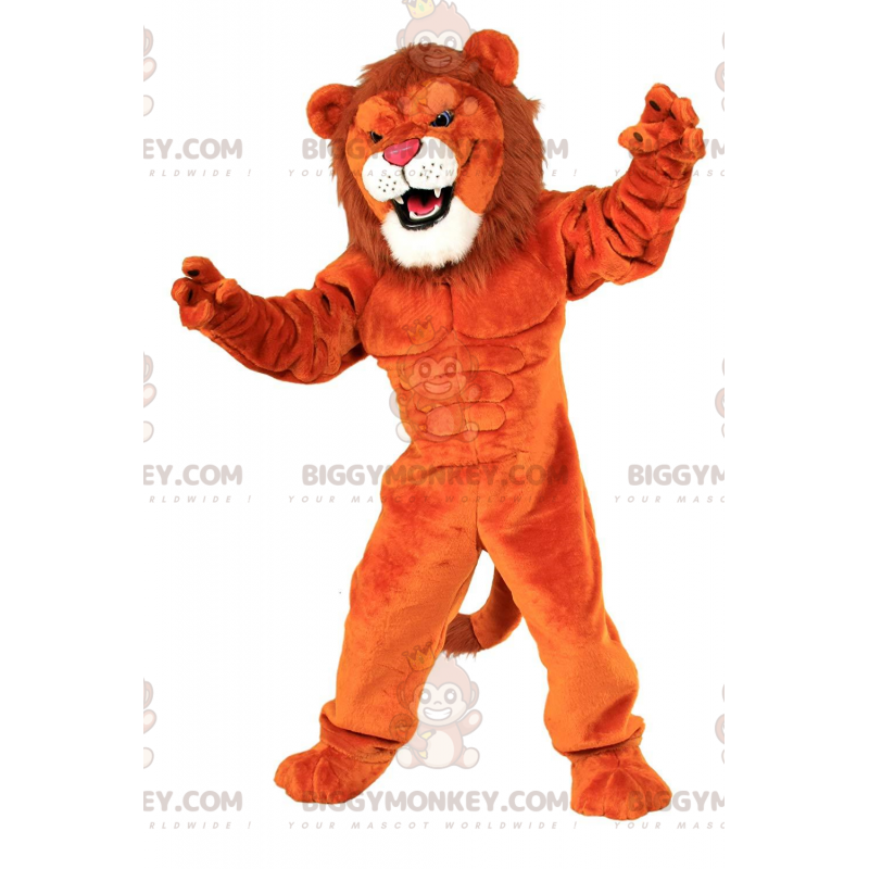 Orange Lion BIGGYMONKEY™ maskotdräkt, mycket muskulös