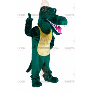 Traje de mascote BIGGYMONKEY™ de crocodilo verde e amarelo