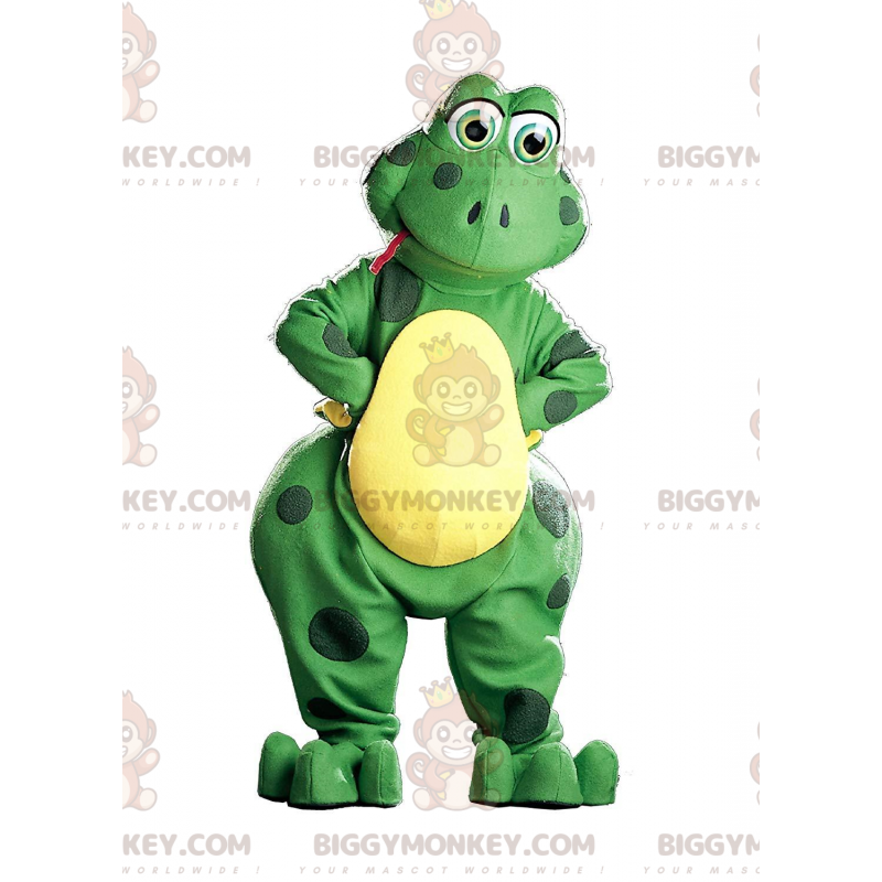 Traje de mascote BIGGYMONKEY™ sapo verde e amarelo, fantasia de