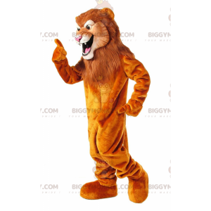 Στολή μασκότ BIGGYMONKEY™ πορτοκαλί λιοντάρι με μεγάλη καφέ