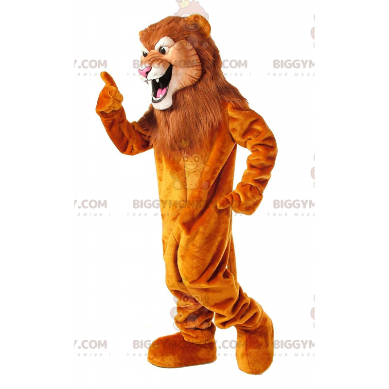 BIGGYMONKEY™ maskottiasu Oranssi leijona isolla ruskealla