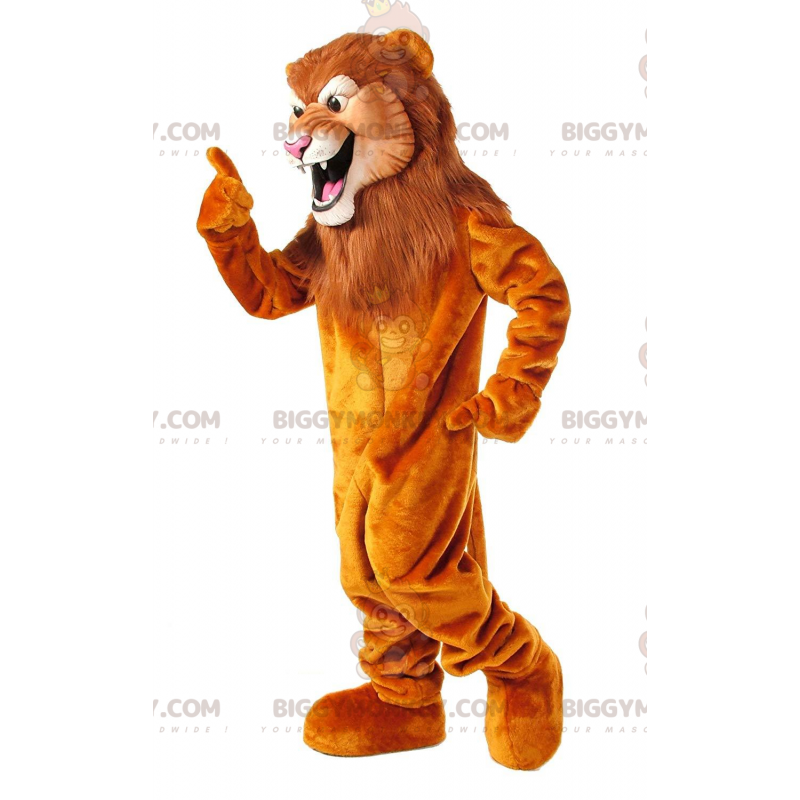 Traje de mascote BIGGYMONKEY™ Leão laranja com grande juba