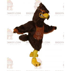 Fato de mascote BIGGYMONKEY™ falcão castanho e amarelo, fato de
