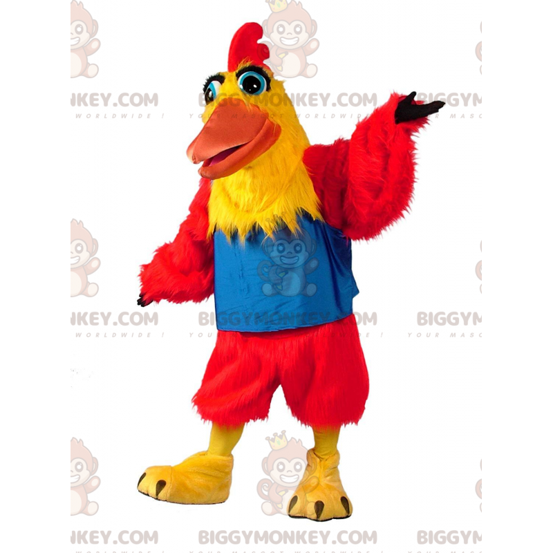Fantasia de mascote BIGGYMONKEY™ de frango vermelho e amarelo