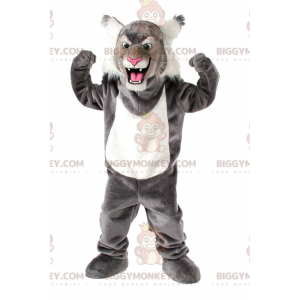 Traje de mascote BIGGYMONKEY™ gato selvagem cinza e branco