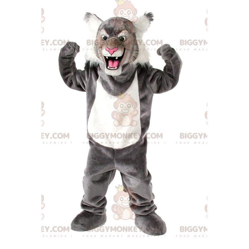 BIGGYMONKEY™ mascot costume wild cat gray and white, feline