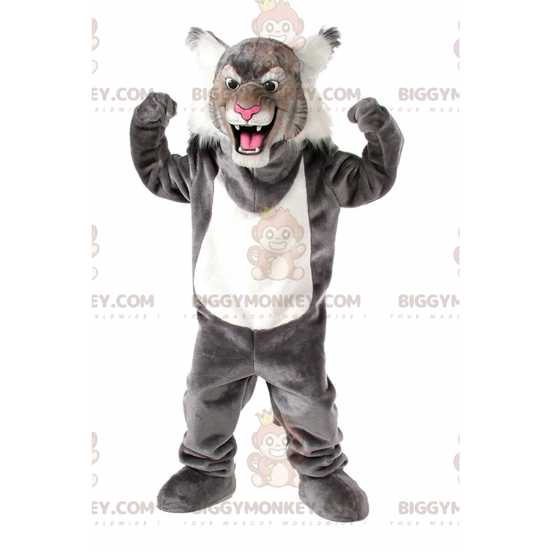 Traje de mascote BIGGYMONKEY™ gato selvagem cinza e branco