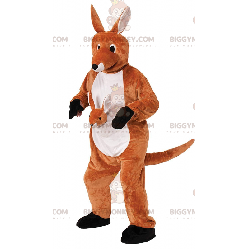 BIGGYMONKEY™ Orange och vit kängurumaskotdräkt med babykänguru