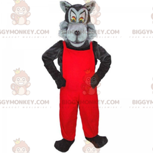 BIGGYMONKEY™ Maskotdräkt grå och svart varg med röd overall -