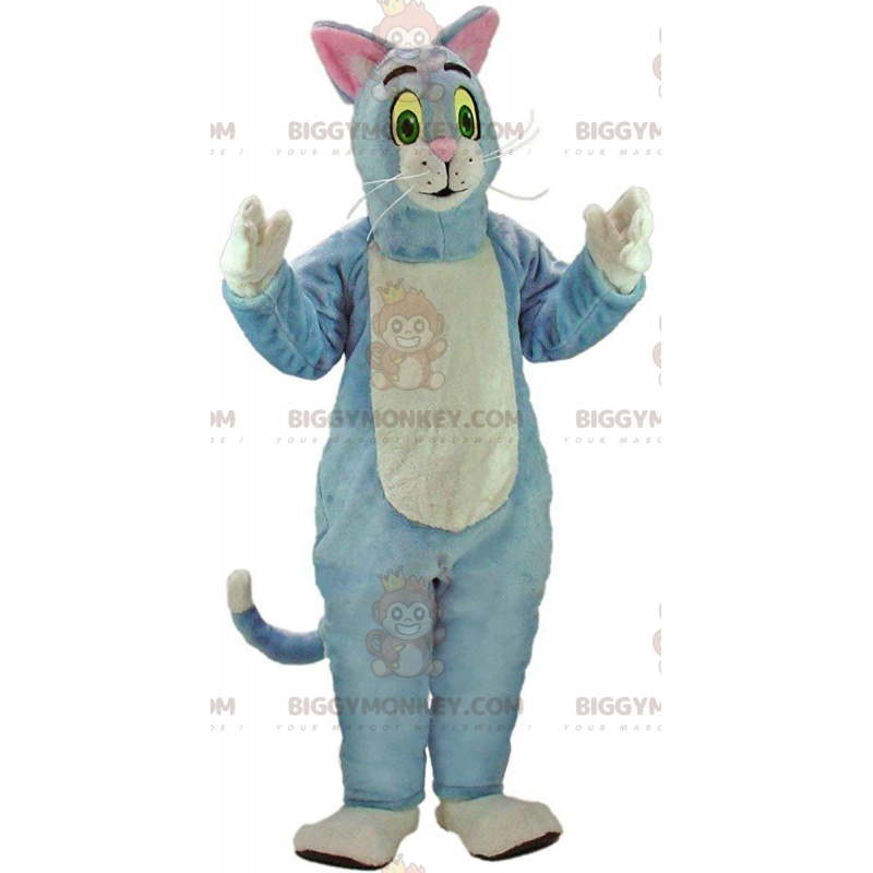 Traje de mascote BIGGYMONKEY™ gato azul e branco, traje de