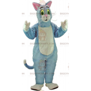 Traje de mascote BIGGYMONKEY™ gato azul e branco, traje de