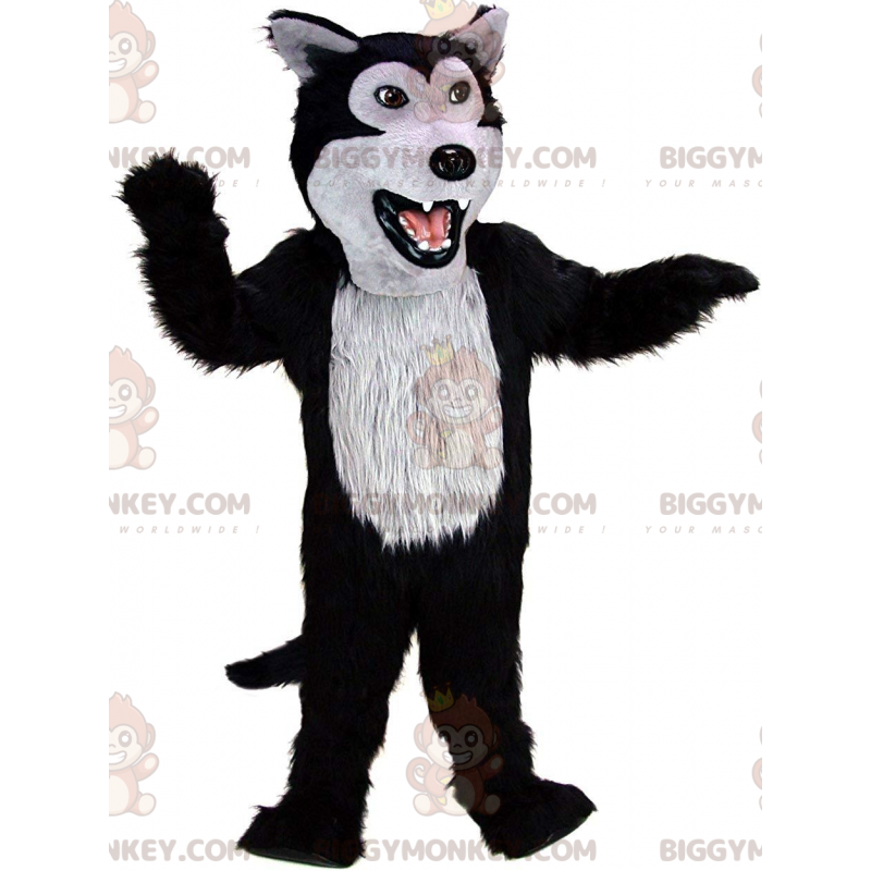 Fantasia de mascote BIGGYMONKEY™ de lobo preto e cinza