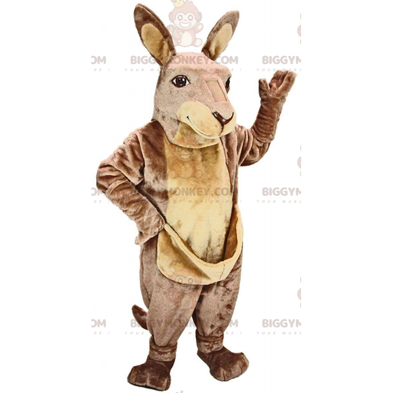 Traje de mascote muito realista de canguru marrom e bronzeado