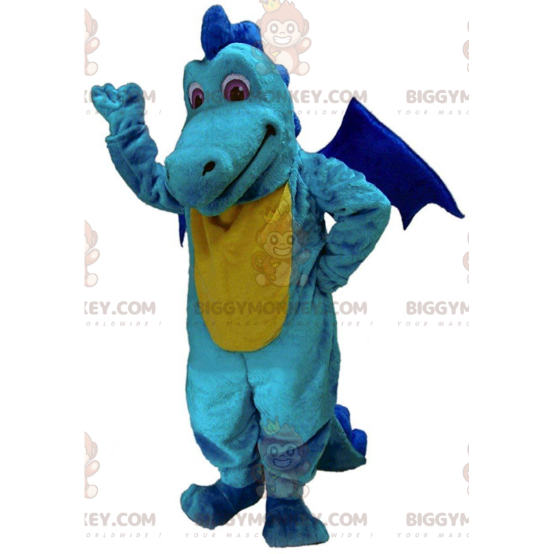 BIGGYMONKEY™ costume da mascotte drago giallo e blu, costume da