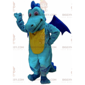 Traje de mascote BIGGYMONKEY™ dragão amarelo e azul, traje de