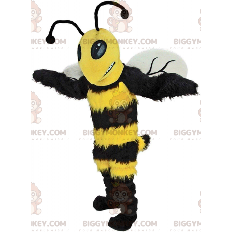 BIGGYMONKEY™ maskot kostume sort og gul humlebi, kæmpe hveps