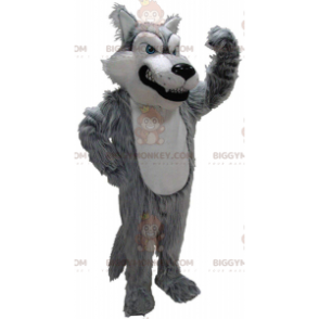 Grijze en witte wolf BIGGYMONKEY™ mascottekostuum, harige boze