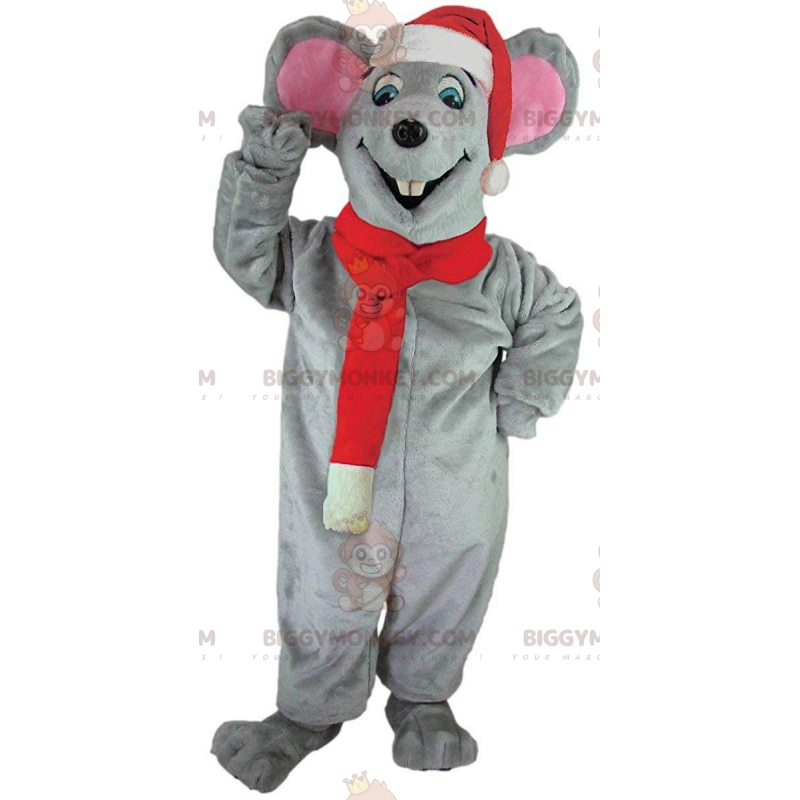 Gray Mouse BIGGYMONKEY™ Mascot Costume with Christmas Hat and