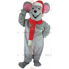 Gray Mouse BIGGYMONKEY™ Mascot Costume with Christmas Hat and