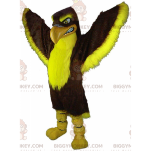 Fato de mascote BIGGYMONKEY™ falcão castanho e amarelo, fato de