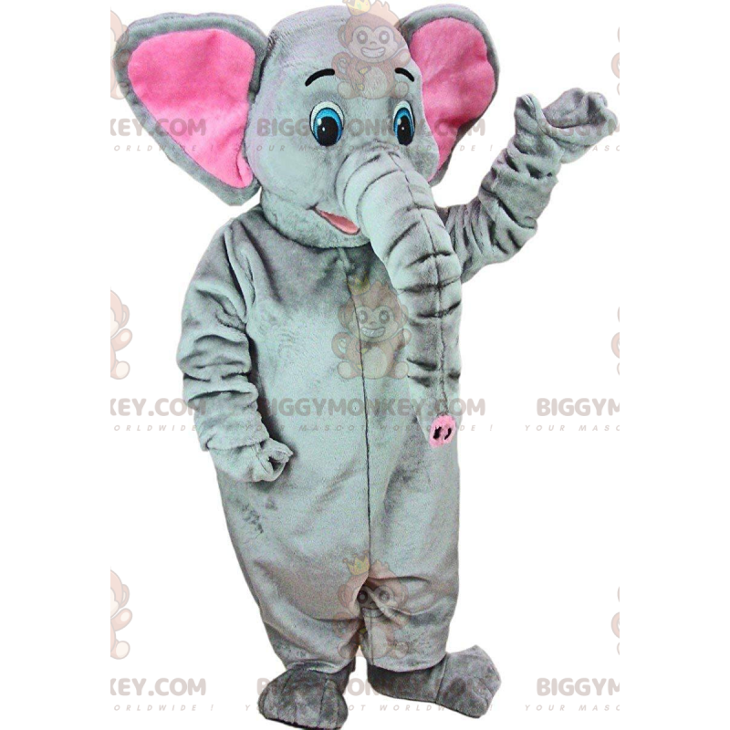 Traje de mascote BIGGYMONKEY™ cinza e elefante rosa com grande