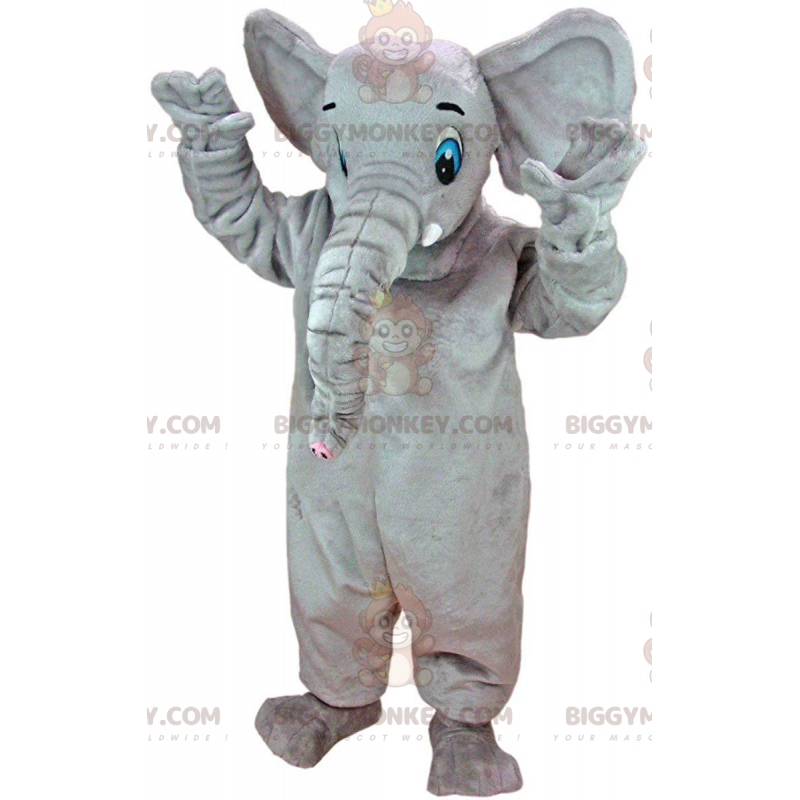 Traje de mascote de grande elefante cinza com olhos azuis