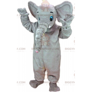 Traje de mascote de grande elefante cinza com olhos azuis