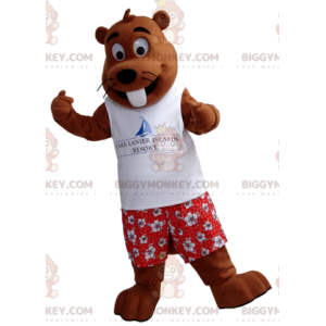 BIGGYMONKEY™ Mascottekostuum bruine marmot in vakantie-outfit -