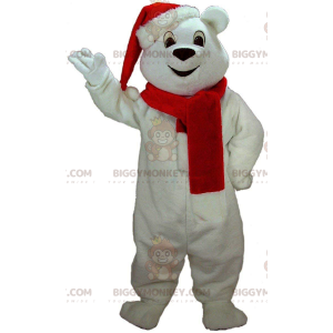 Hvid bamse BIGGYMONKEY™ maskotkostume med hat og tørklæde -
