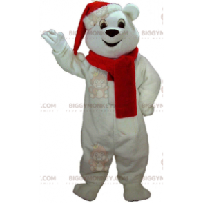 Weißer Teddybär BIGGYMONKEY™ Maskottchen-Kostüm mit Mütze und