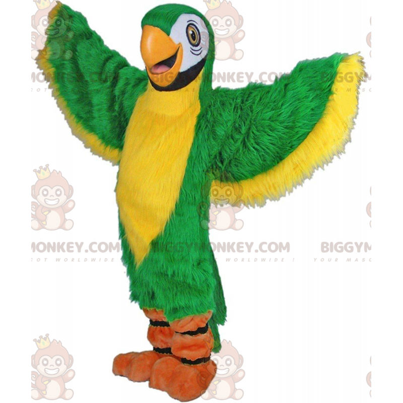 Traje de mascote BIGGYMONKEY™ de papagaio verde e amarelo