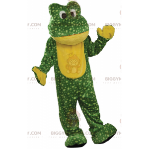 Traje de mascote BIGGYMONKEY™ rã verde e amarela, fantasia de
