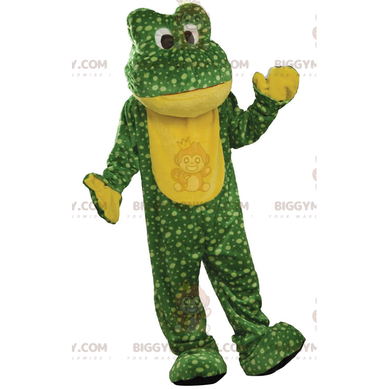 Traje de mascote BIGGYMONKEY™ rã verde e amarela, fantasia de