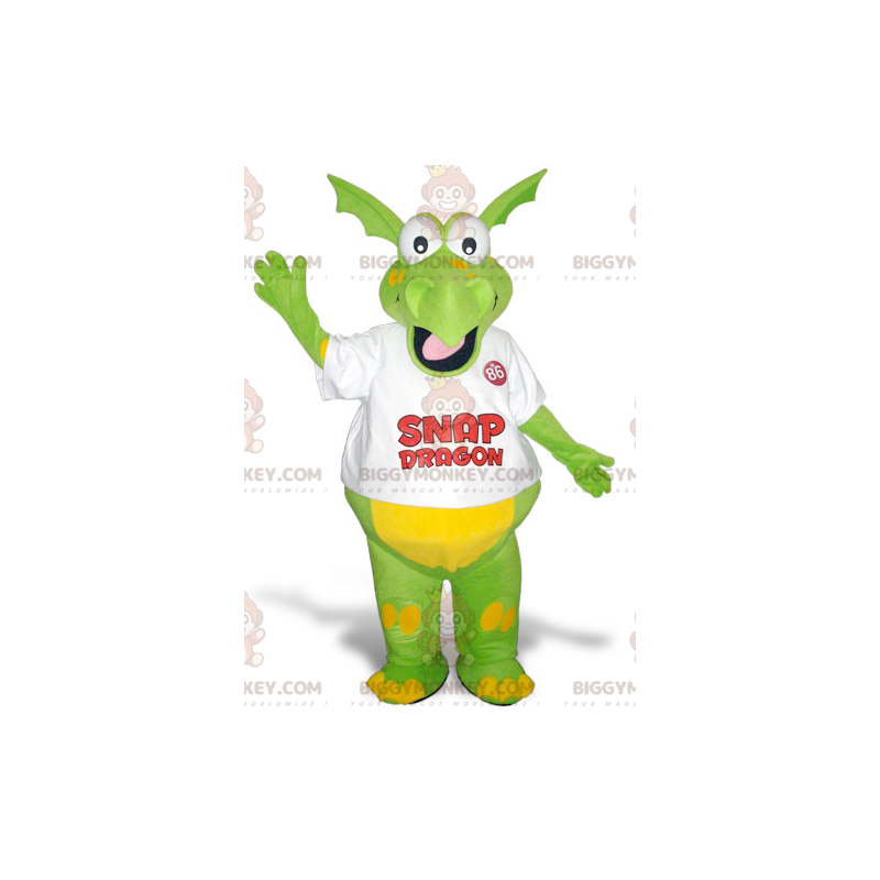 Rolig och färgglad grön och gul drake BIGGYMONKEY™ maskotdräkt