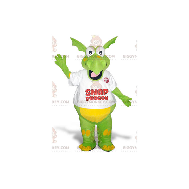 Traje de mascote engraçado e colorido de dragão verde e amarelo