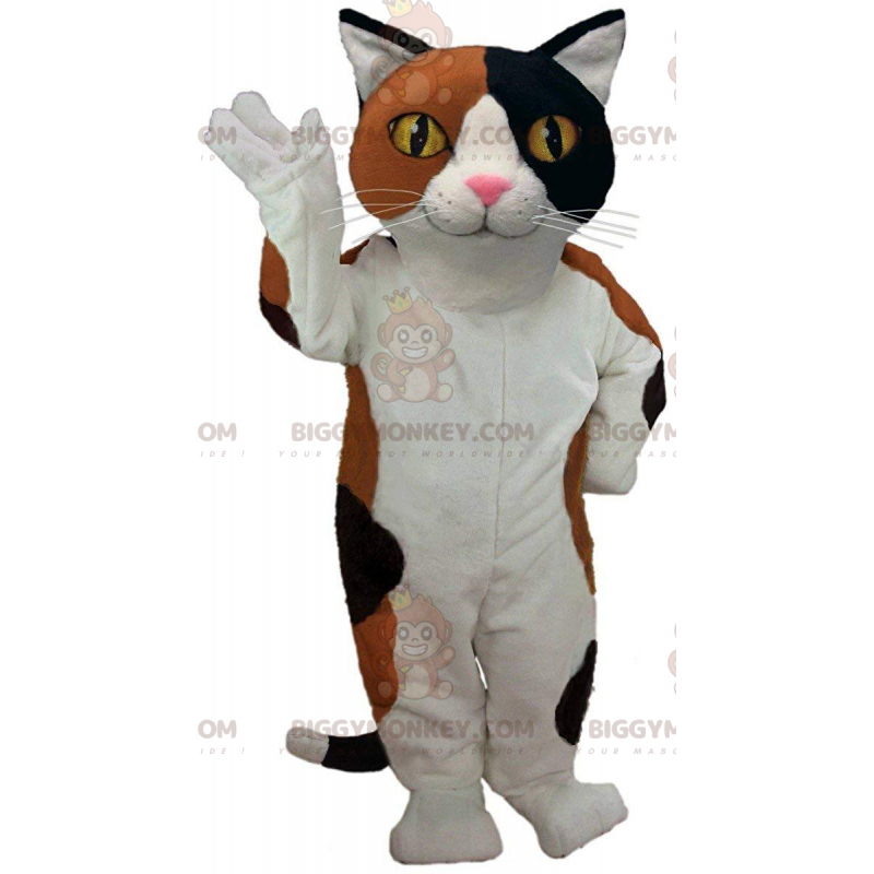 Traje de mascote BIGGYMONKEY™ de gato branco, marrom e preto