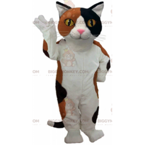 BIGGYMONKEY™ maskotdräkt av vit, brun och svart katt med gula