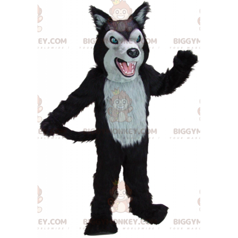 Traje de mascote BIGGYMONKEY™ lobo feroz preto e cinza