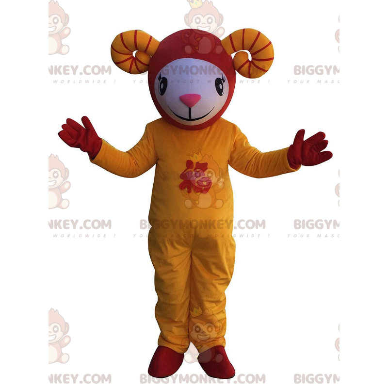 Costume de mascotte BIGGYMONKEY™ de mouton blanc, jaune et