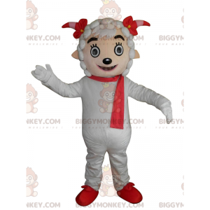 BIGGYMONKEY™ Mascot Costume White Sheep with Red Scarf and