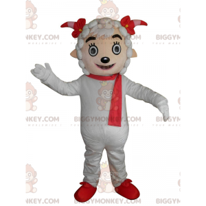 BIGGYMONKEY™ Maskottchenkostüm Weißes Schaf mit rotem Schal und