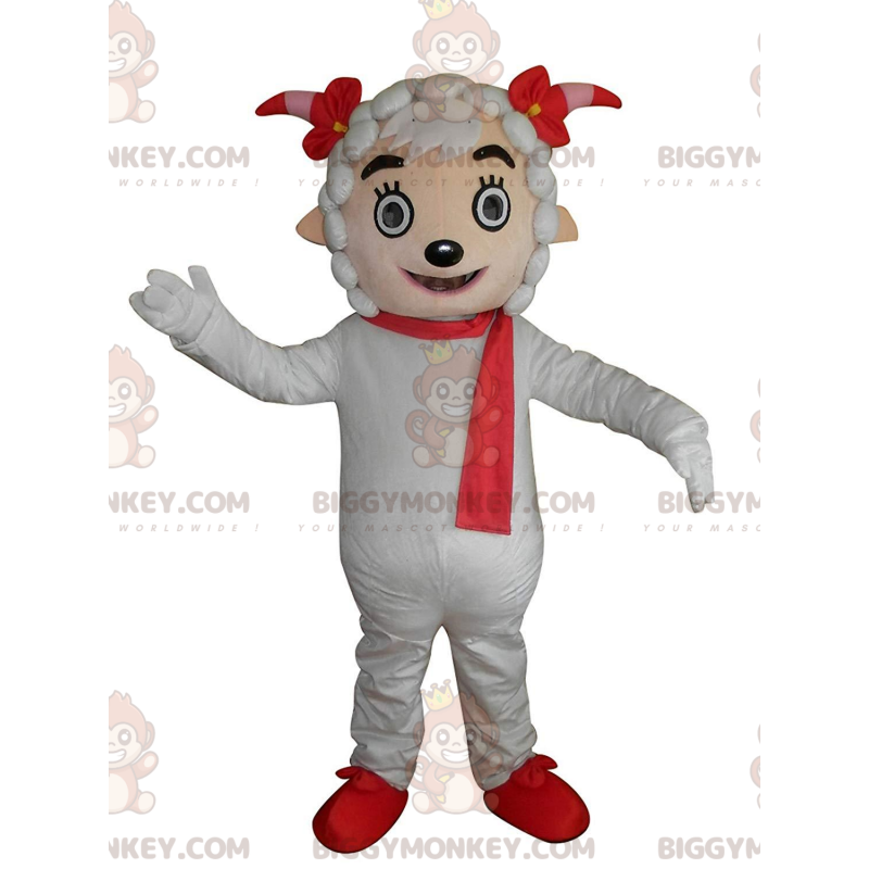 Traje de mascote BIGGYMONKEY™ Ovelha branca com lenço vermelho