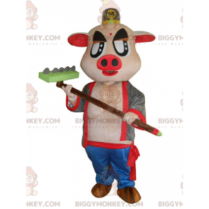 Very original pink pig BIGGYMONKEY™ mascot costume with a rake