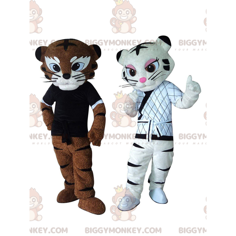 2 maskot tygrů BIGGYMONKEY™ v Kung-fu kostýmech, karate
