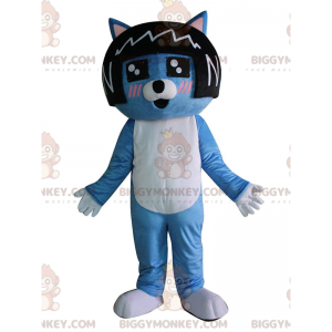 Sinisen kissan BIGGYMONKEY™ maskottiasu, jossa musta peruukki