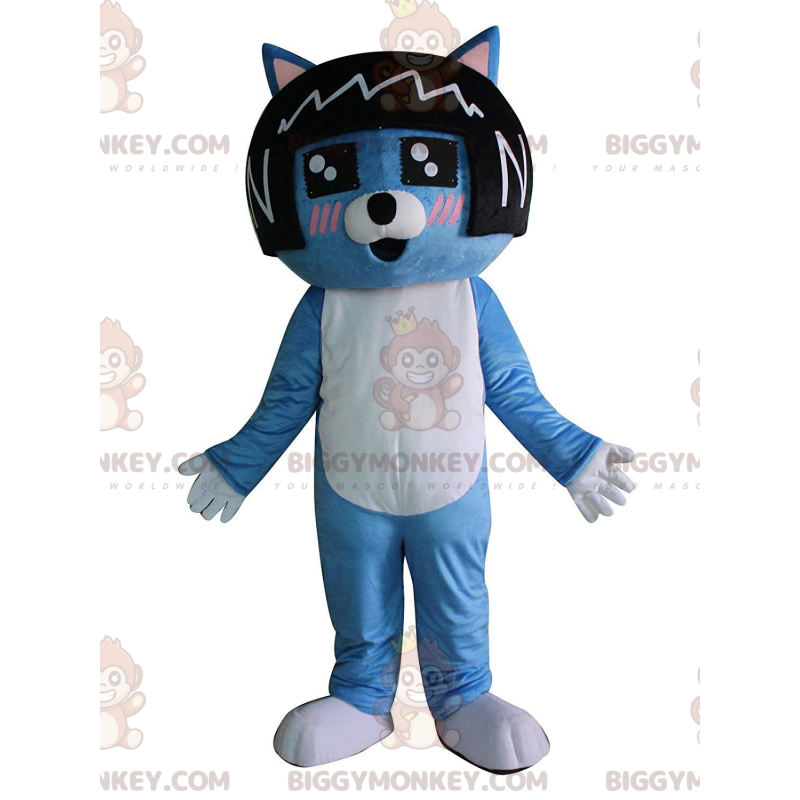 Blå katt BIGGYMONKEY™ maskotdräkt med svart peruk på huvudet -