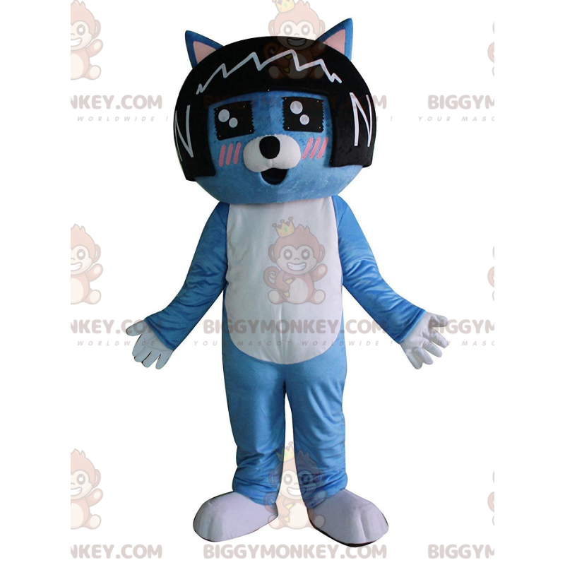 Traje de mascote de gato azul BIGGYMONKEY™ com peruca preta na