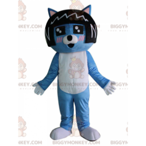 Blauwe kat BIGGYMONKEY™ mascottekostuum met zwarte pruik op het